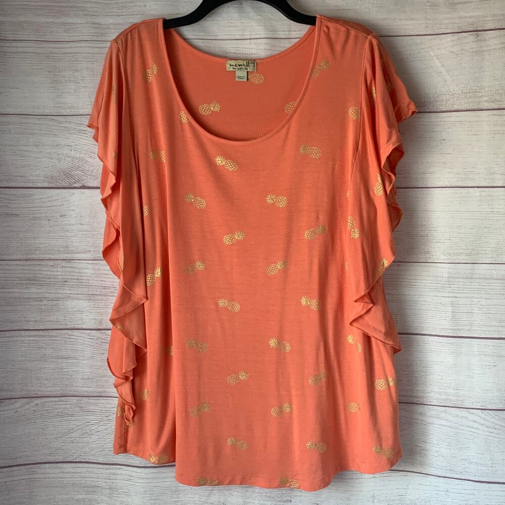 One World Peach Coral Gold Pineapple Ruffle Sleeve Blouse Size XL